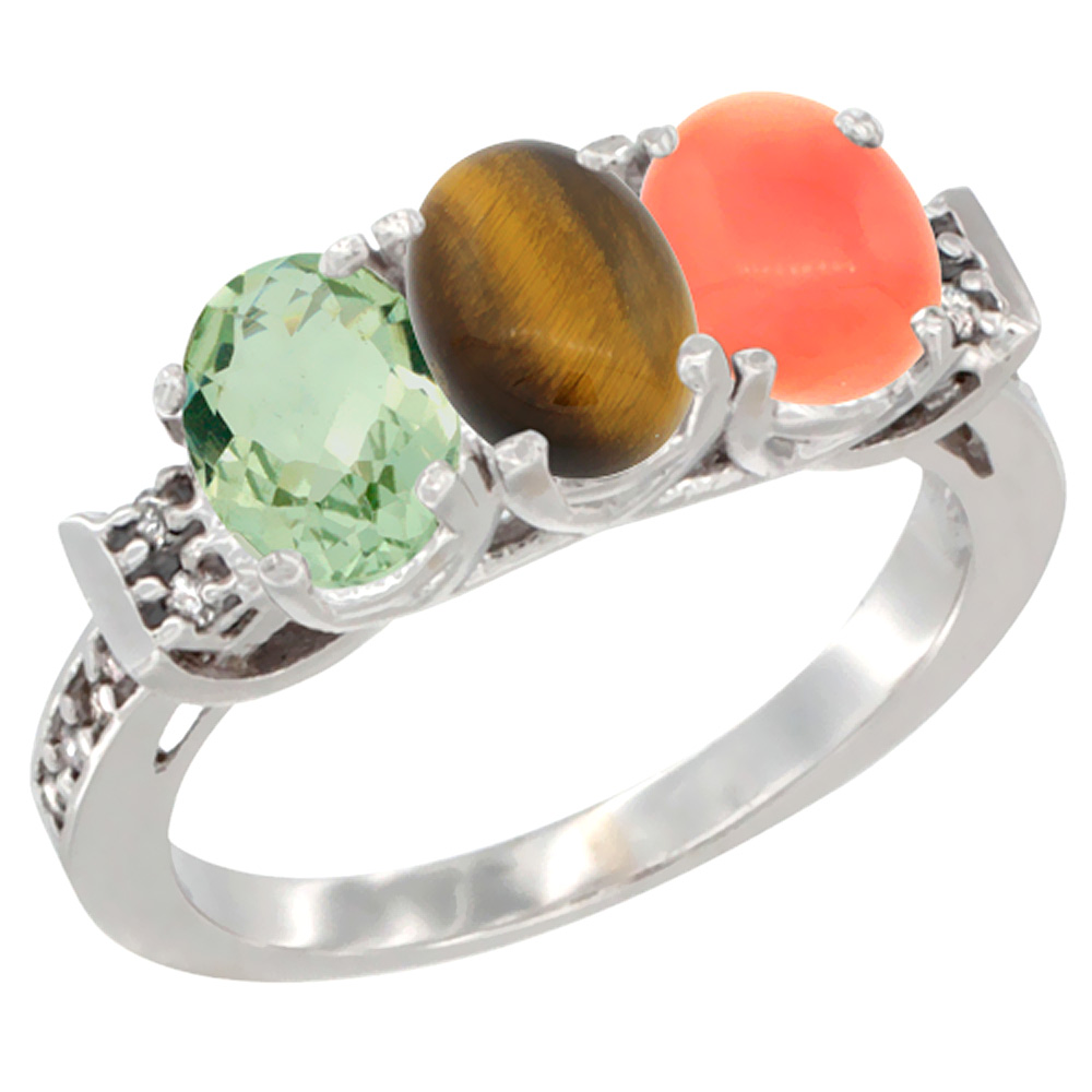 14K White Gold Natural Green Amethyst, Tiger Eye & Coral Ring 3-Stone 7x5 mm Oval Diamond Accent, sizes 5 - 10