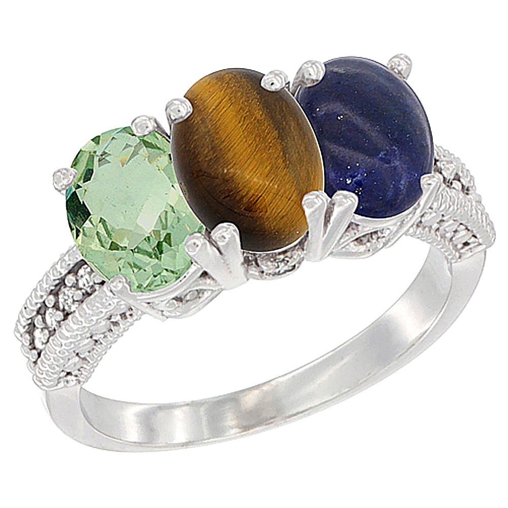 14K White Gold Natural Green Amethyst, Tiger Eye & Lapis Ring 3-Stone 7x5 mm Oval Diamond Accent, sizes 5 - 10