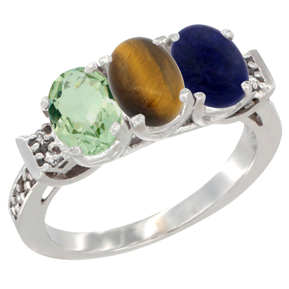 10K White Gold Natural Green Amethyst, Tiger Eye &amp; Lapis Ring 3-Stone Oval 7x5 mm Diamond Accent, sizes 5 - 10