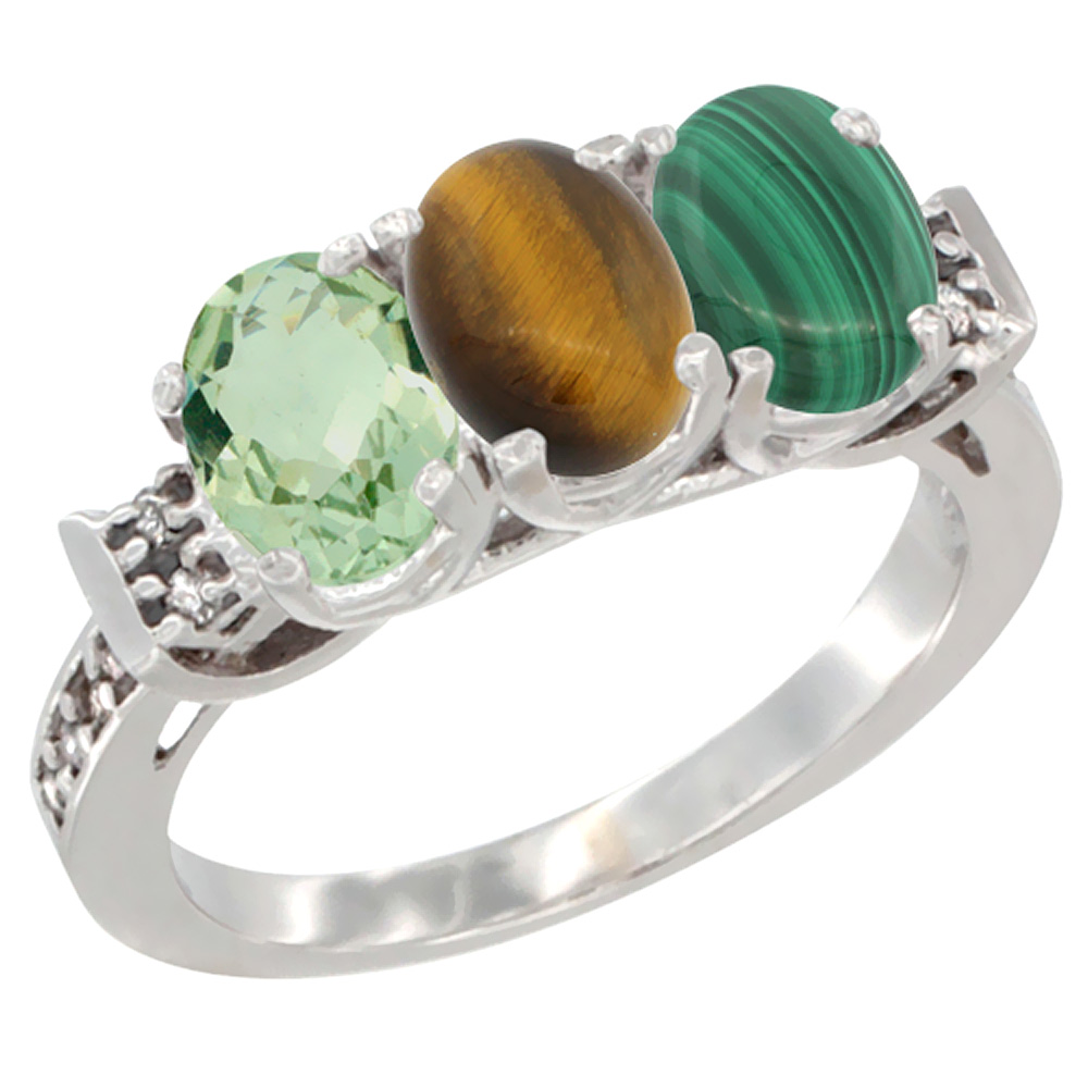 10K White Gold Natural Green Amethyst, Tiger Eye & Malachite Ring 3-Stone Oval 7x5 mm Diamond Accent, sizes 5 - 10