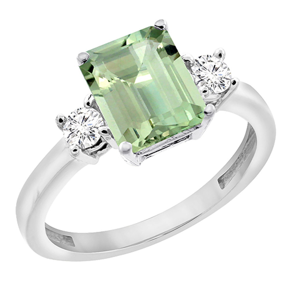 14K White Gold Natural Green Amethyst Ring Octagon 8x6 mm with Diamond Accents, sizes 5 - 10