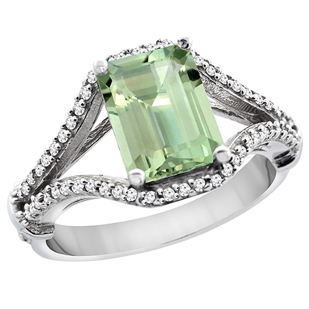 10K White Gold Genuine Green Amethyst Ring Octagon 8x6 mm with Diamond Accents sizes 5 - 10