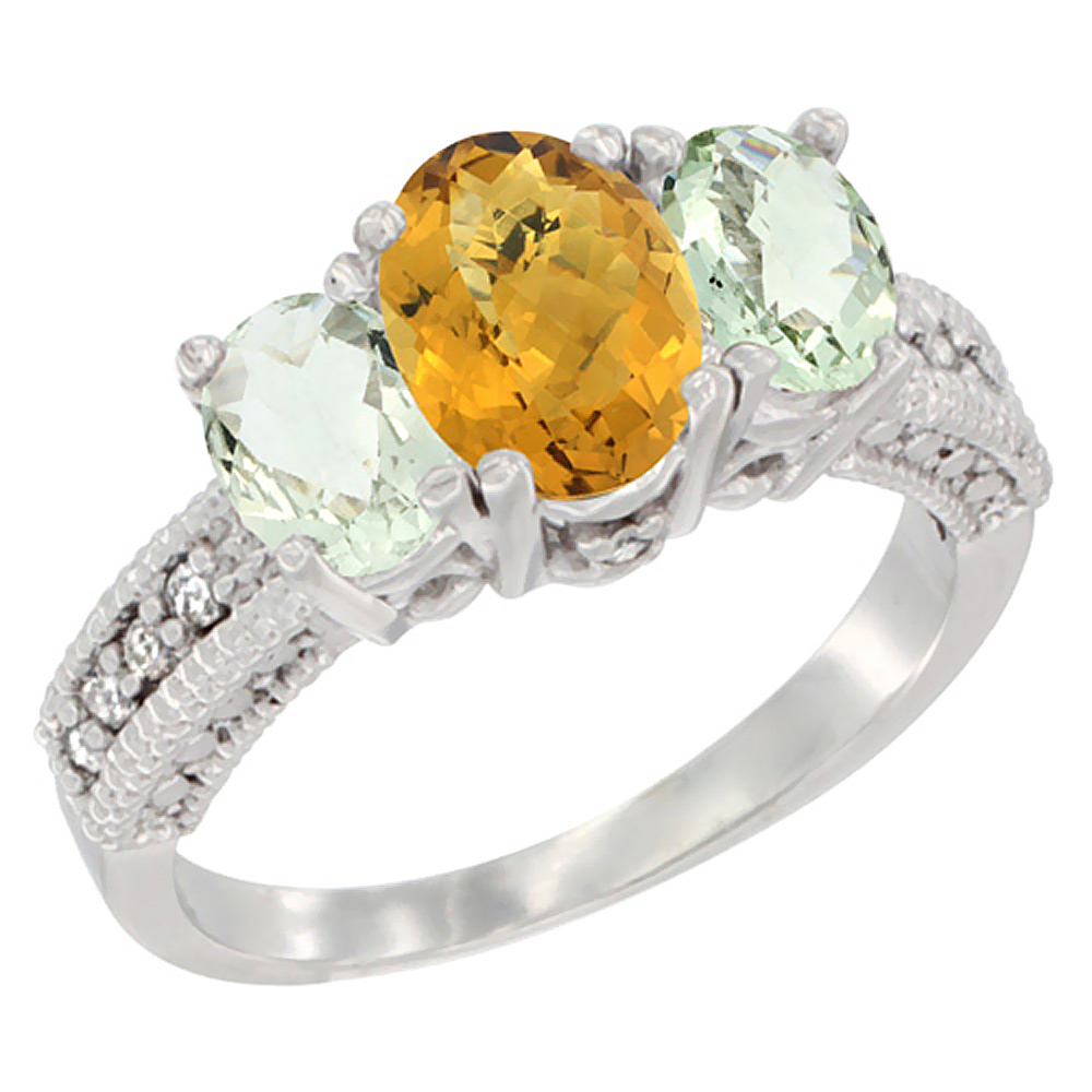 10K White Gold Diamond Natural Whisky Quartz Ring Oval 3-stone with Green Amethyst, sizes 5 - 10