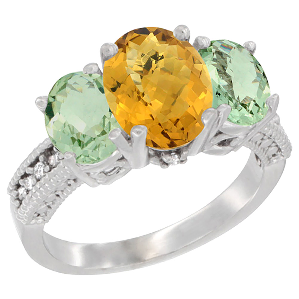 14K White Gold Diamond Natural Whisky Quartz Ring 3-Stone Oval 8x6mm with Green Amethyst, sizes5-10