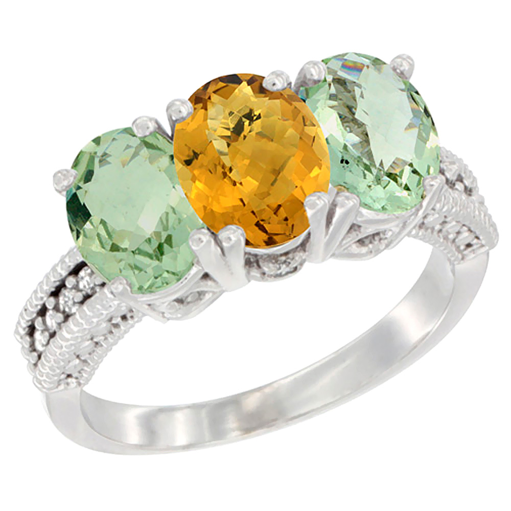 14K White Gold Natural Whisky Quartz & Green Amethyst Sides Ring 3-Stone 7x5 mm Oval Diamond Accent, sizes 5 - 10