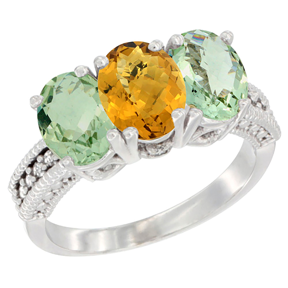 14K White Gold Natural Whisky Quartz &amp; Green Amethyst Sides Ring 3-Stone 7x5 mm Oval Diamond Accent, sizes 5 - 10