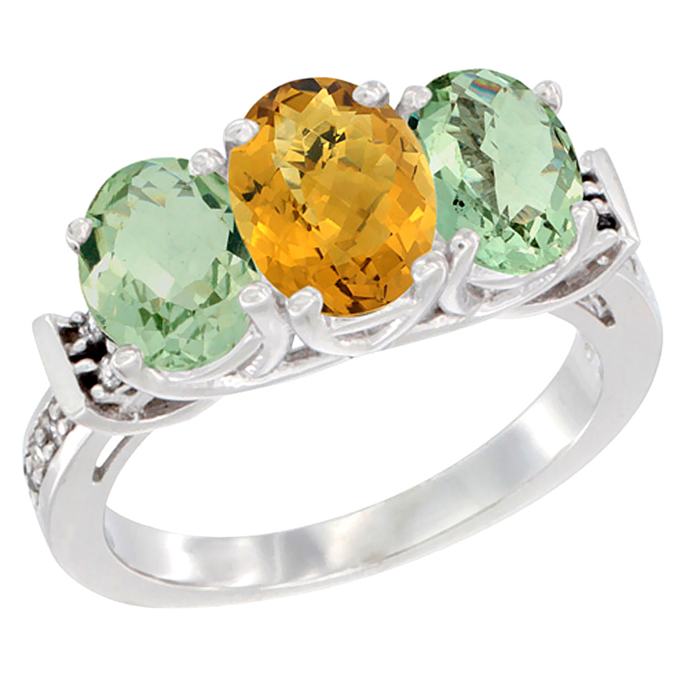 10K White Gold Natural Whisky Quartz &amp; Green Amethyst Sides Ring 3-Stone Oval Diamond Accent, sizes 5 - 10