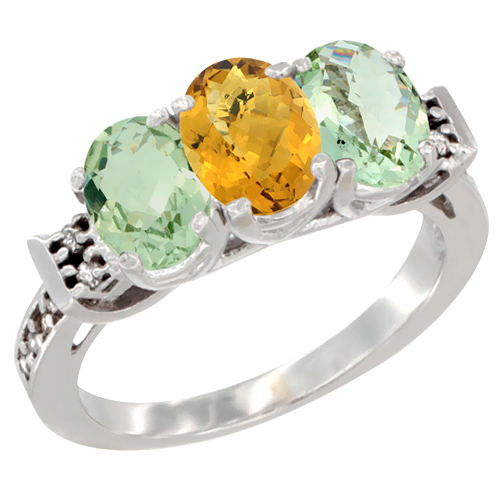 10K White Gold Natural Whisky Quartz & Green Amethyst Sides Ring 3-Stone Oval 7x5 mm Diamond Accent, sizes 5 - 10