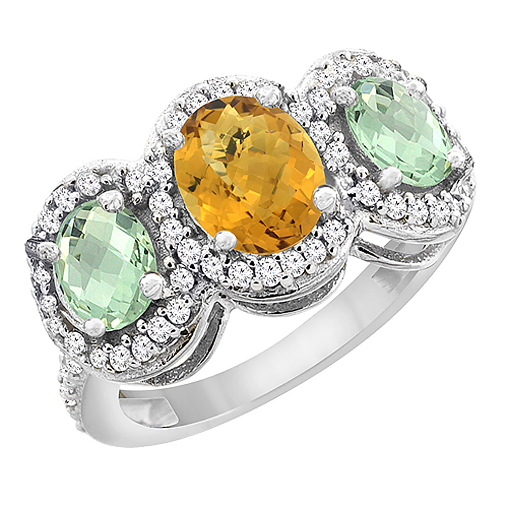 14K White Gold Natural Whisky Quartz & Green Amethyst 3-Stone Ring Oval Diamond Accent, sizes 5 - 10