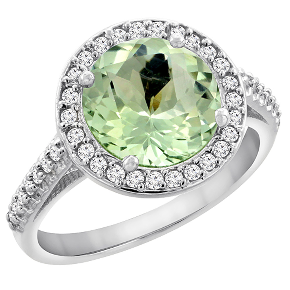 10k White Gold Diamond Halo Genuine Green Amethyst Ring Round 8mm sizes 5 to 10