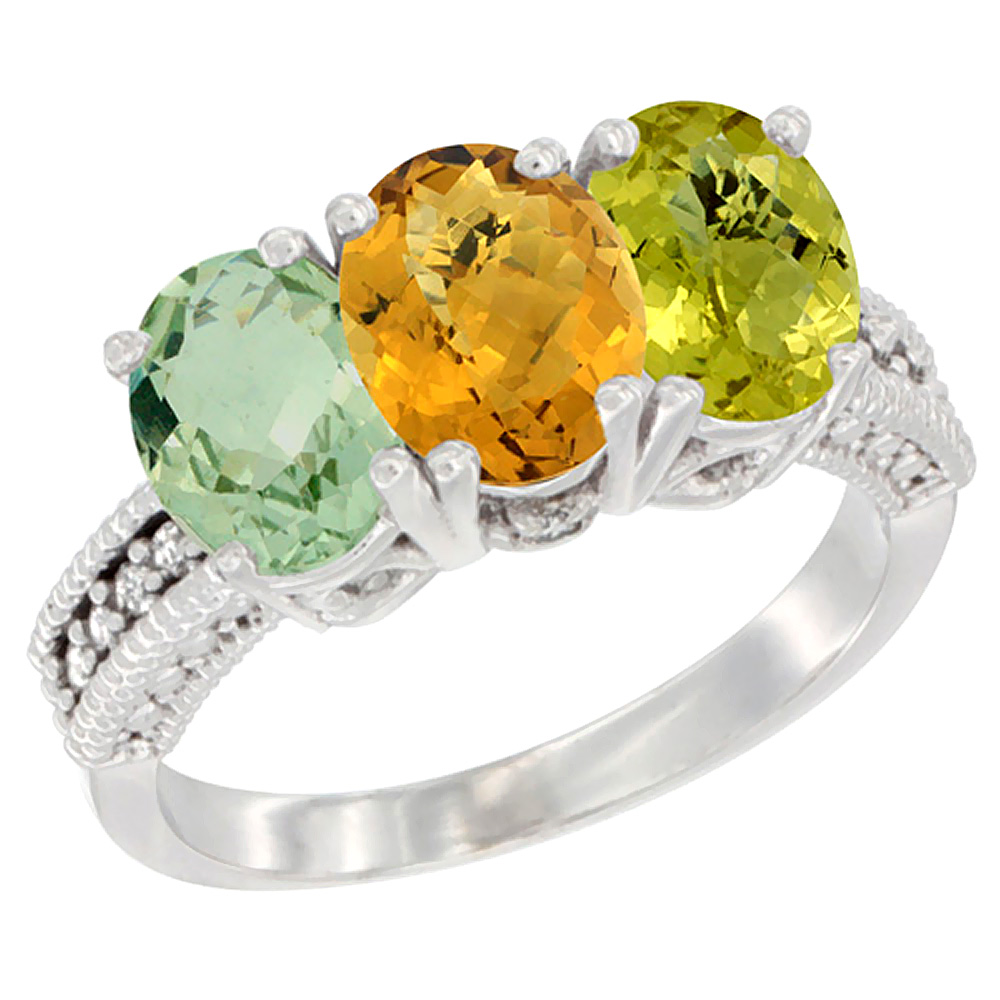 14K White Gold Natural Green Amethyst, Whisky Quartz & Lemon Quartz Ring 3-Stone 7x5 mm Oval Diamond Accent, sizes 5 - 10