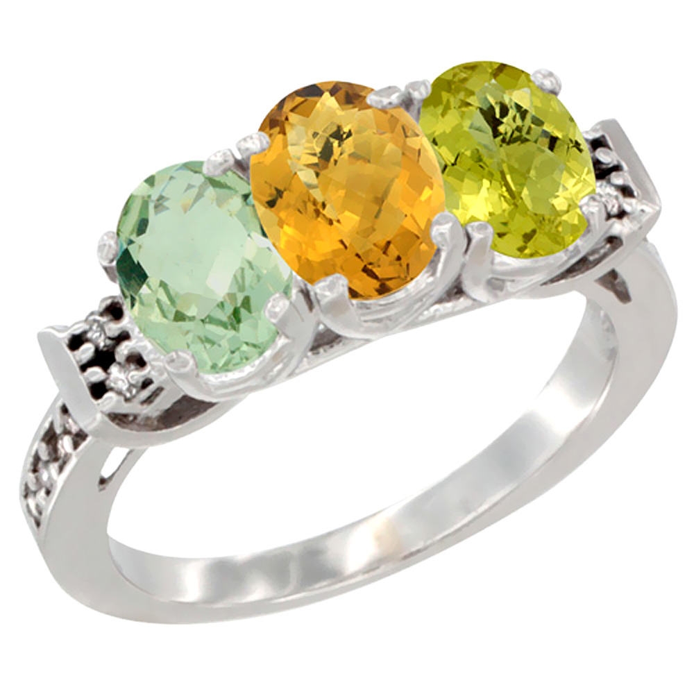 10K White Gold Natural Green Amethyst, Whisky Quartz &amp; Lemon Quartz Ring 3-Stone Oval 7x5 mm Diamond Accent, sizes 5 - 10