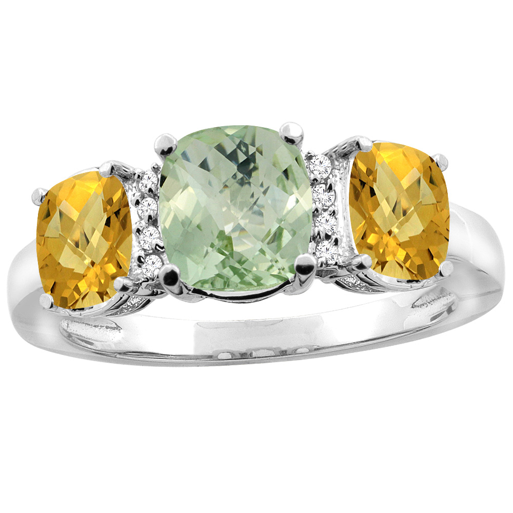 10K Yellow Gold Natural Green Amethyst &amp; Whisky Quartz 3-stone Ring Cushion 8x6mm Diamond Accent, sizes 5 - 10