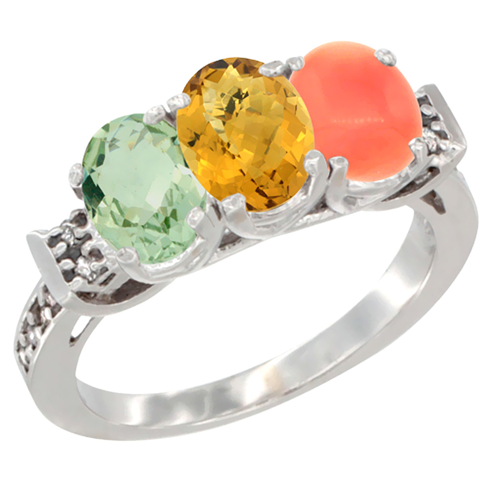 14K White Gold Natural Green Amethyst, Whisky Quartz & Coral Ring 3-Stone 7x5 mm Oval Diamond Accent, sizes 5 - 10