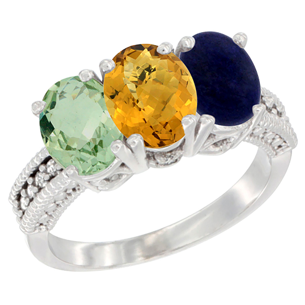 10K White Gold Natural Green Amethyst, Whisky Quartz & Lapis Ring 3-Stone Oval 7x5 mm Diamond Accent, sizes 5 - 10