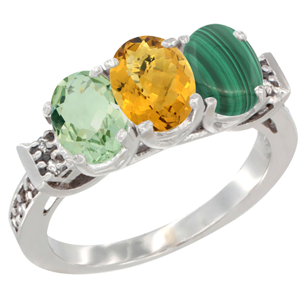 10K White Gold Natural Green Amethyst, Whisky Quartz &amp; Malachite Ring 3-Stone Oval 7x5 mm Diamond Accent, sizes 5 - 10