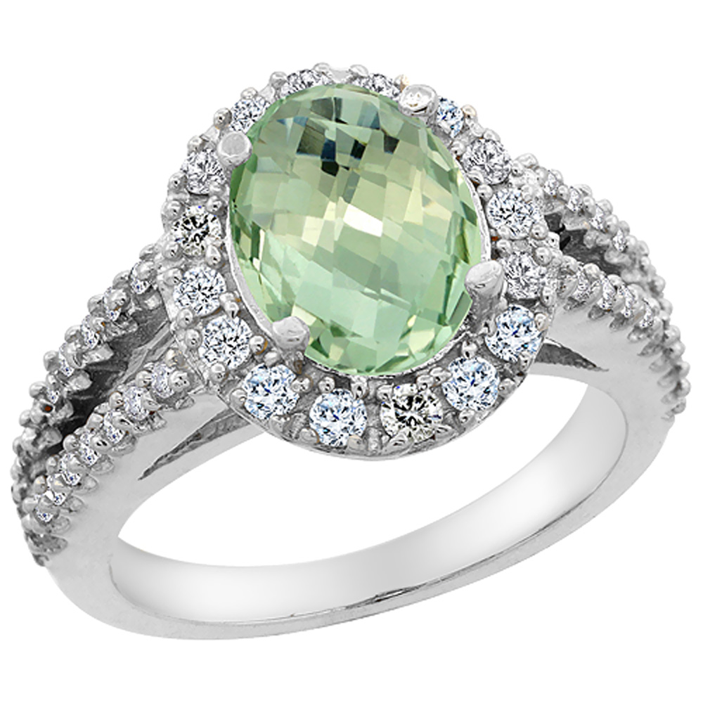 14K White Gold Diamond Natural Green Amethyst Engagement Ring Oval 10x8mm, sizes 5-10