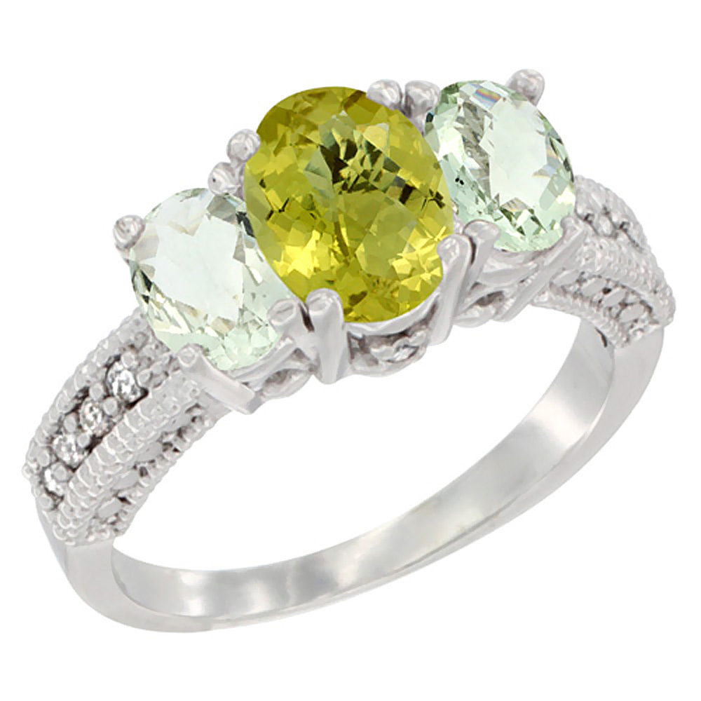 10K White Gold Diamond Natural Lemon Quartz Ring Oval 3-stone with Green Amethyst, sizes 5 - 10