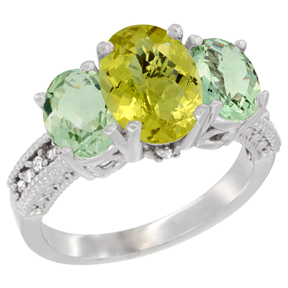 14K White Gold Diamond Natural Lemon Quartz Ring 3-Stone Oval 8x6mm with Green Amethyst, sizes5-10