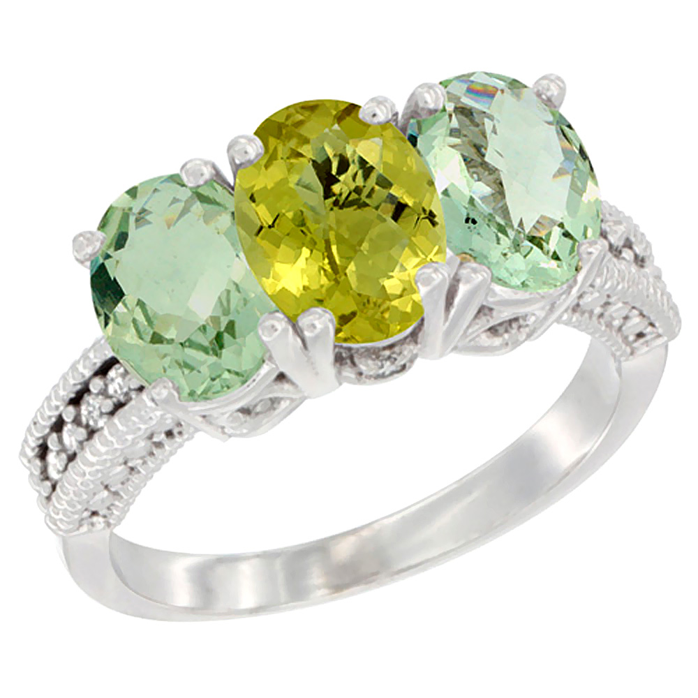 14K White Gold Natural Lemon Quartz & Green Amethyst Sides Ring 3-Stone 7x5 mm Oval Diamond Accent, sizes 5 - 10