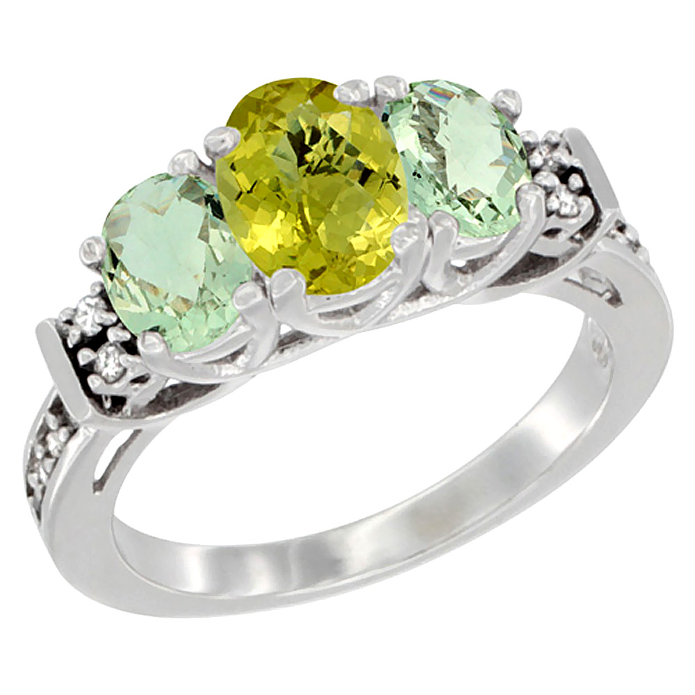 10K White Gold Natural Lemon Quartz &amp; Green Amethyst Ring 3-Stone Oval Diamond Accent, sizes 5-10