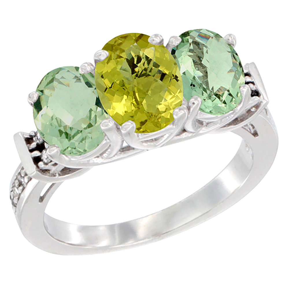 10K White Gold Natural Lemon Quartz &amp; Green Amethyst Sides Ring 3-Stone Oval Diamond Accent, sizes 5 - 10