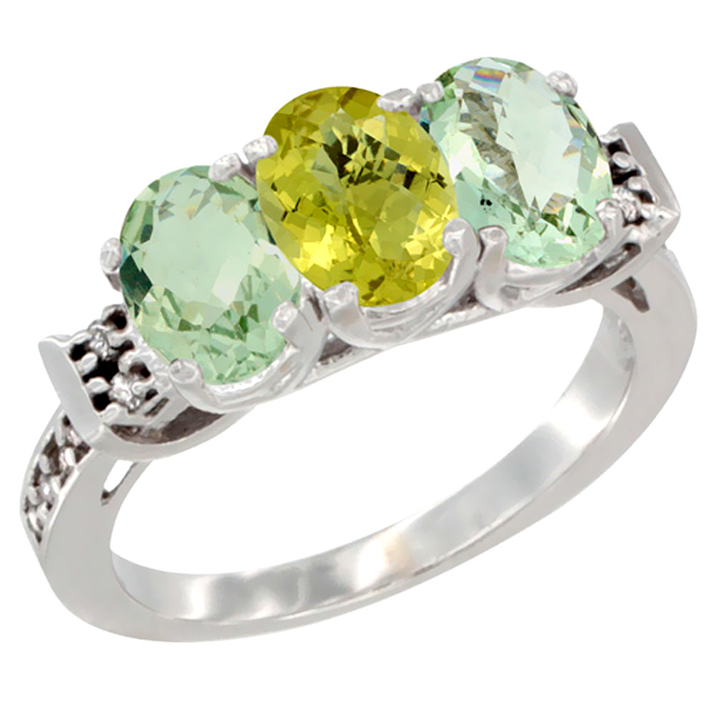 14K White Gold Natural Lemon Quartz &amp; Green Amethyst Sides Ring 3-Stone 7x5 mm Oval Diamond Accent, sizes 5 - 10