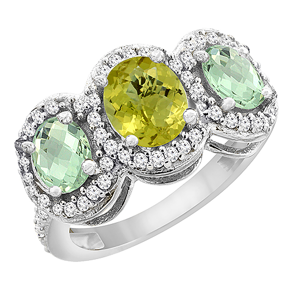 14K White Gold Natural Lemon Quartz &amp; Green Amethyst 3-Stone Ring Oval Diamond Accent, sizes 5 - 10