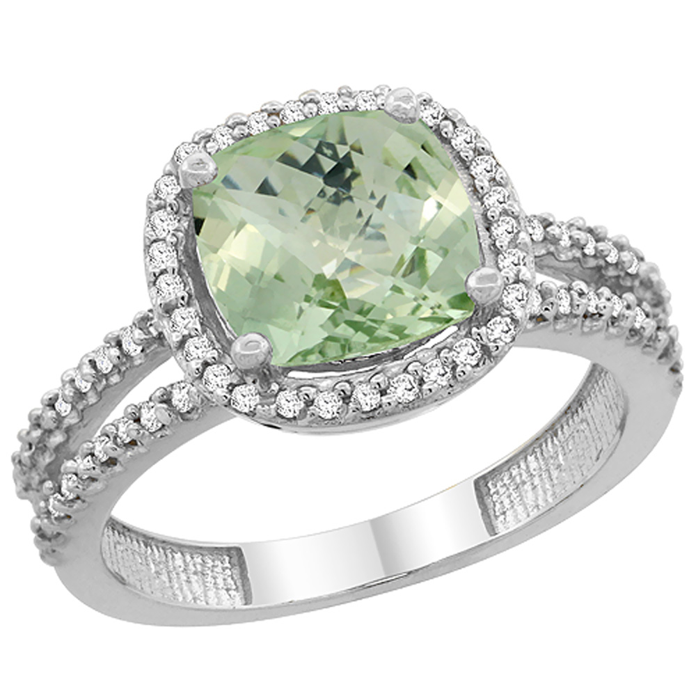 10K White Gold Genuine Green Amethyst Ring Cushion-cut 8x8 mm 2-row Diamond Accents sizes 5 - 10