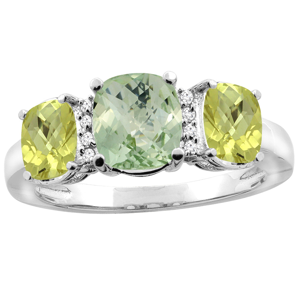 14K White Gold Natural Green Amethyst &amp; Lemon Quartz 3-stone Ring Cushion 8x6mm Diamond Accent, sizes 5 - 10