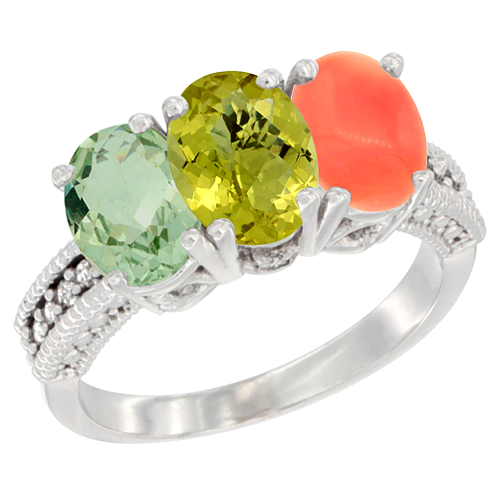 14K White Gold Natural Green Amethyst, Lemon Quartz & Coral Ring 3-Stone 7x5 mm Oval Diamond Accent, sizes 5 - 10