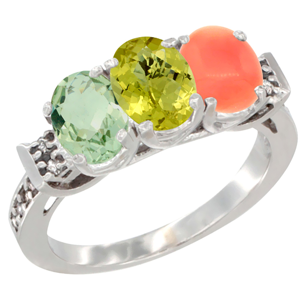 14K White Gold Natural Green Amethyst, Lemon Quartz & Coral Ring 3-Stone 7x5 mm Oval Diamond Accent, sizes 5 - 10