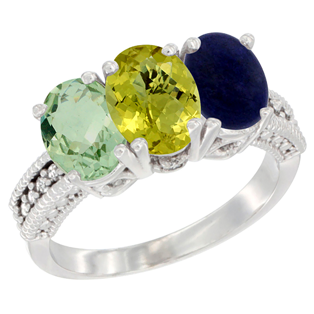 14K White Gold Natural Green Amethyst, Lemon Quartz &amp; Lapis Ring 3-Stone 7x5 mm Oval Diamond Accent, sizes 5 - 10