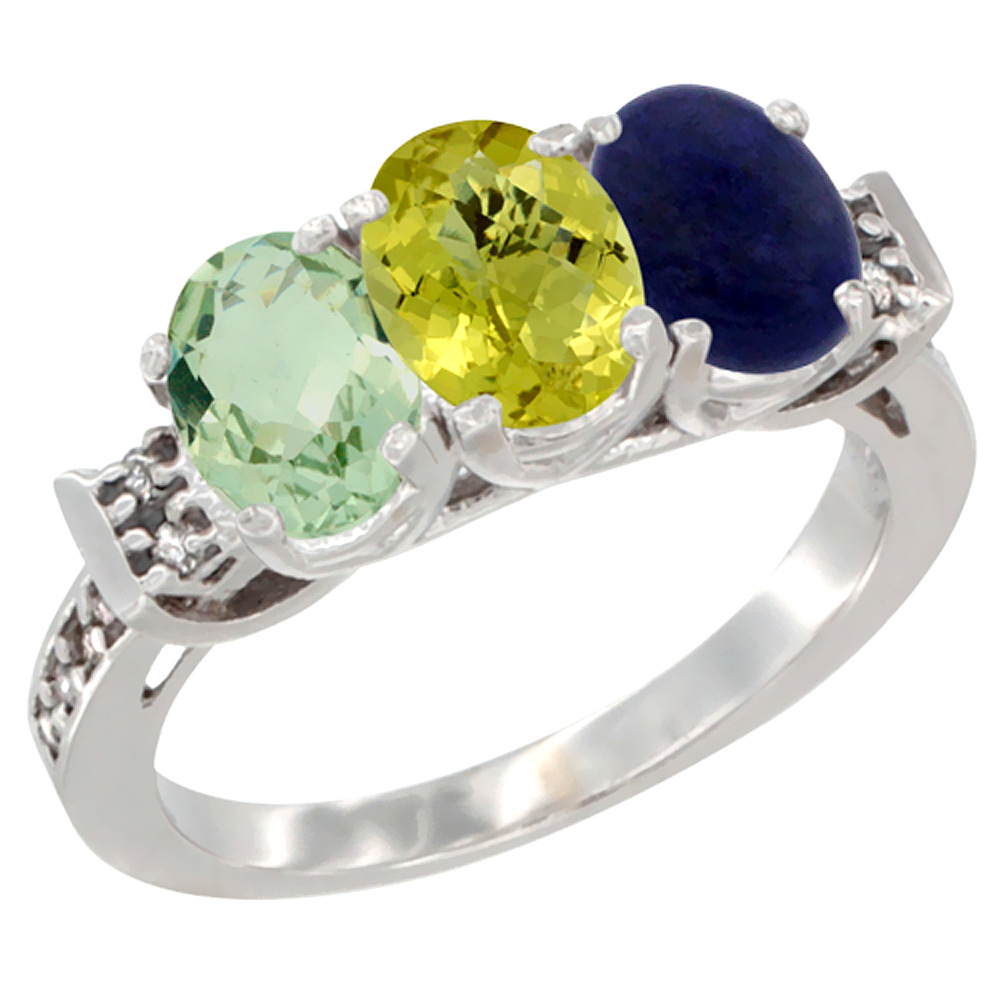 14K White Gold Natural Green Amethyst, Lemon Quartz & Lapis Ring 3-Stone 7x5 mm Oval Diamond Accent, sizes 5 - 10