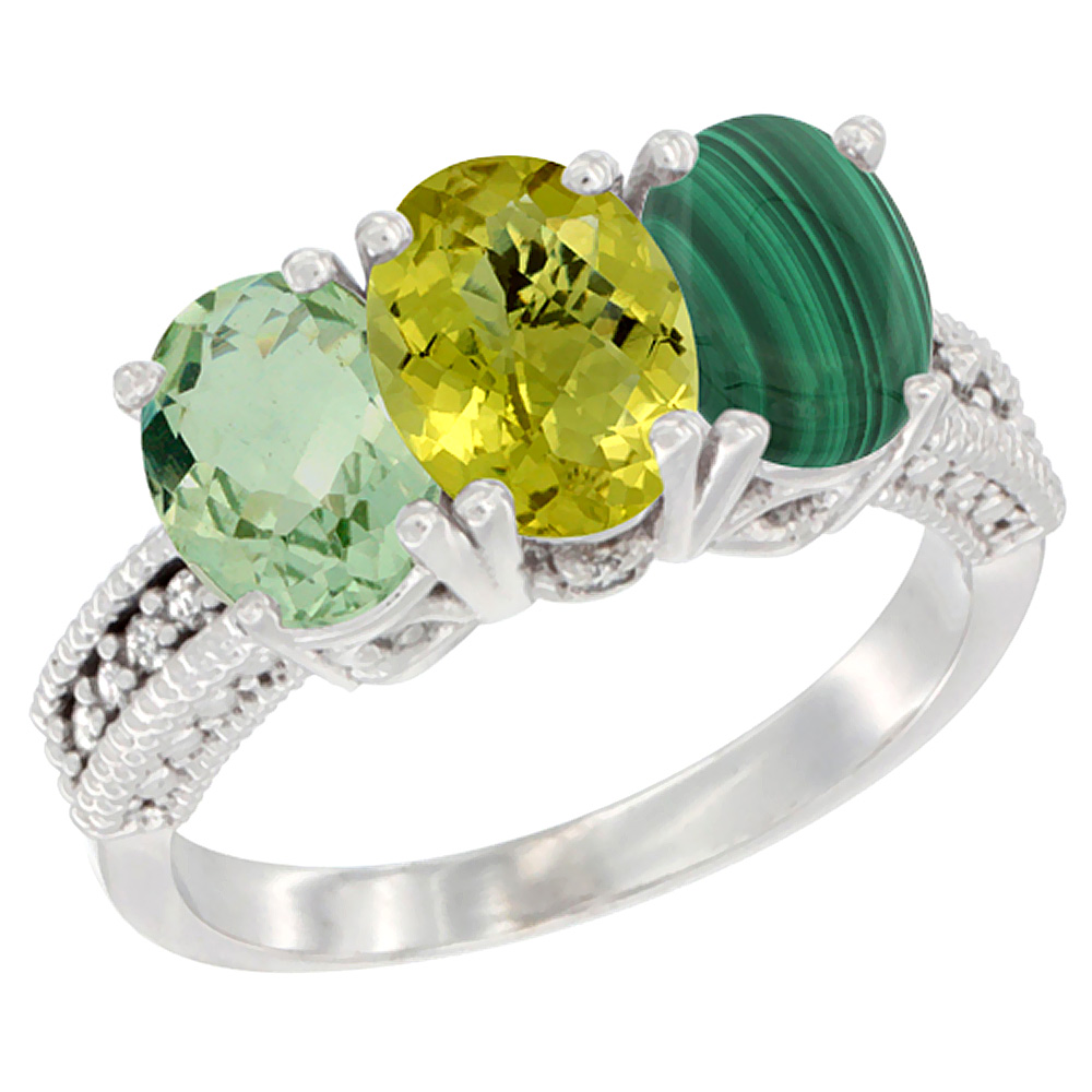 10K White Gold Natural Green Amethyst, Lemon Quartz &amp; Malachite Ring 3-Stone Oval 7x5 mm Diamond Accent, sizes 5 - 10