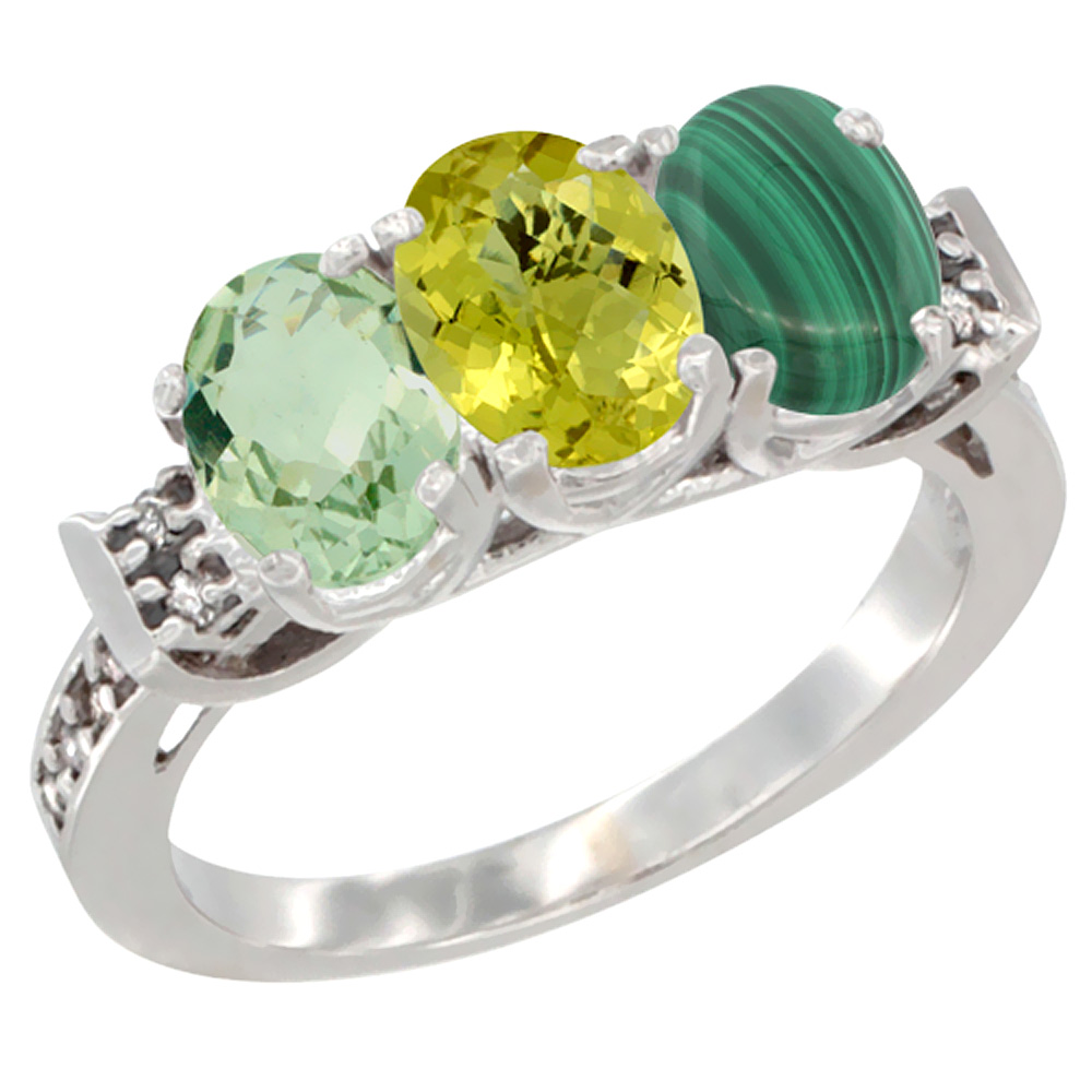 14K White Gold Natural Green Amethyst, Lemon Quartz & Malachite Ring 3-Stone 7x5 mm Oval Diamond Accent, sizes 5 - 10