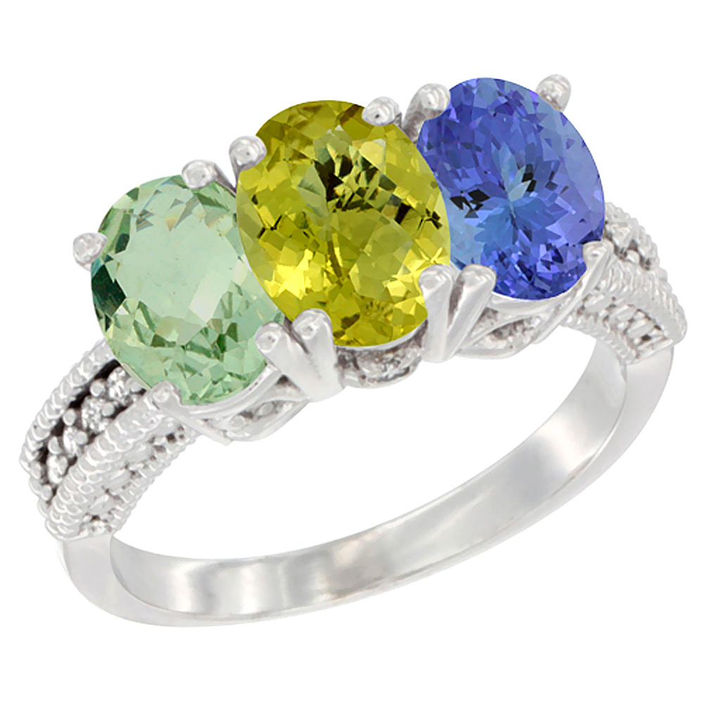 14K White Gold Natural Green Amethyst, Lemon Quartz & Tanzanite Ring 3-Stone 7x5 mm Oval Diamond Accent, sizes 5 - 10