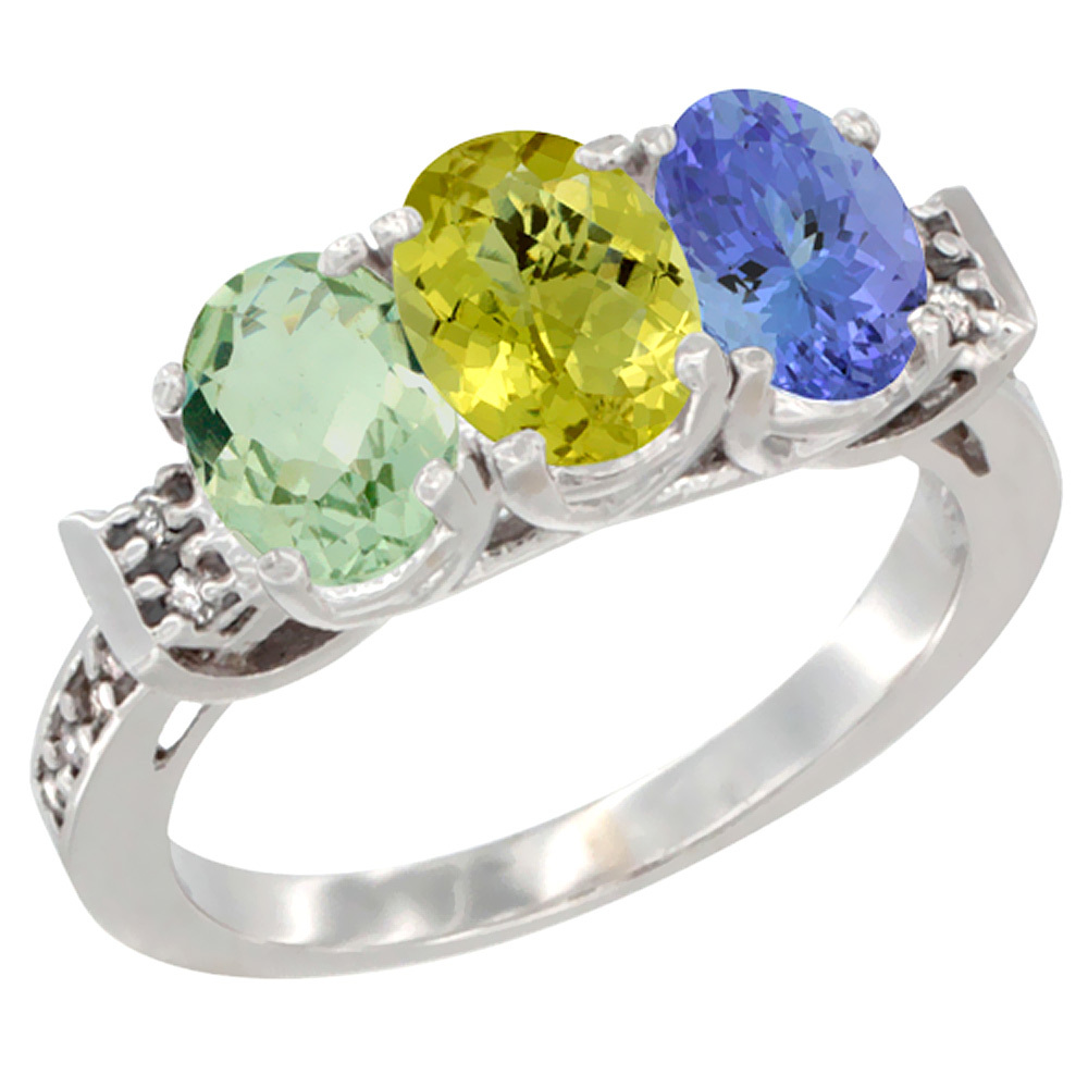 14K White Gold Natural Green Amethyst, Lemon Quartz & Tanzanite Ring 3-Stone 7x5 mm Oval Diamond Accent, sizes 5 - 10