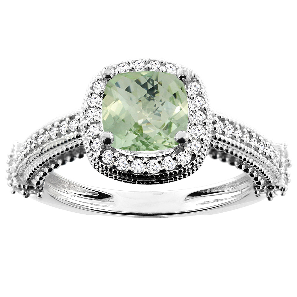 10K White/Yellow/Rose Gold Genuine Green Amethyst Ring Cushion 7x7mm Diamond Accent sizes 5 - 10