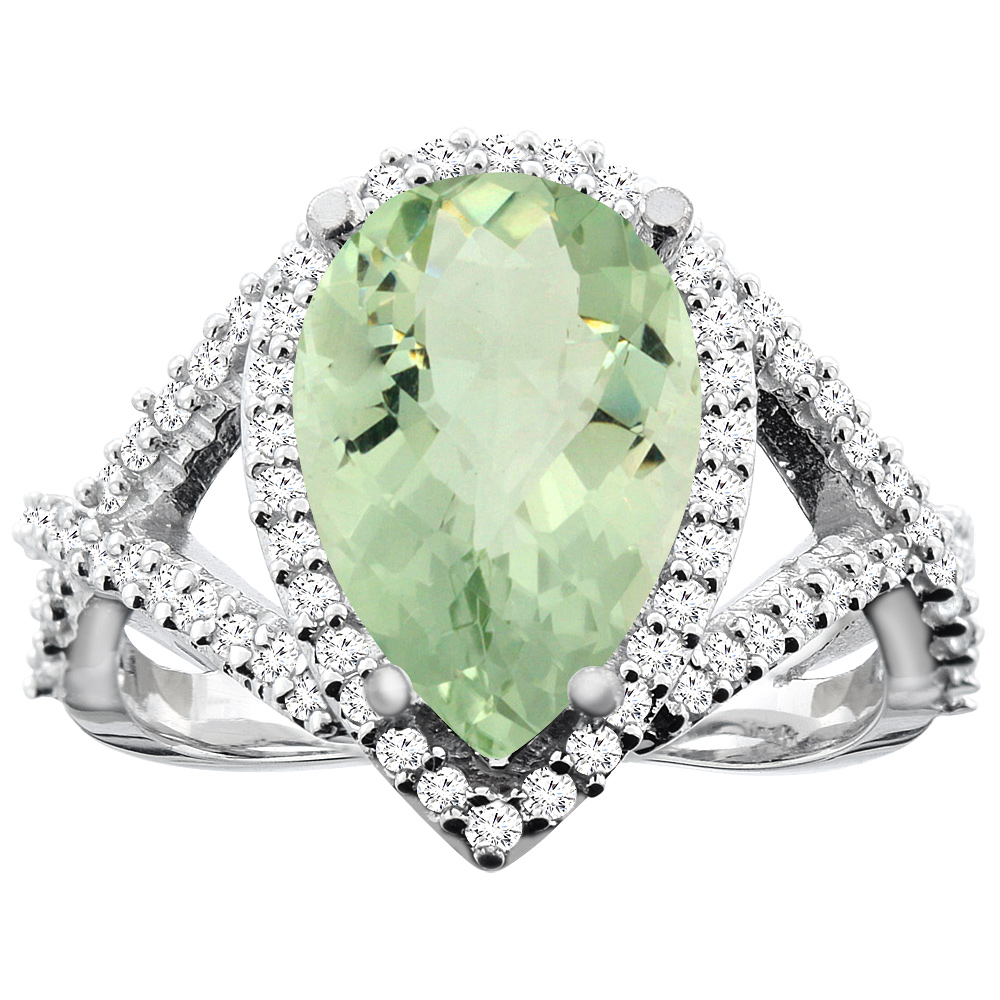 10K White/Yellow/Rose Gold Genuine Green Amethyst Ring Pear 12X8mm Diamond Accent sizes 5 - 10