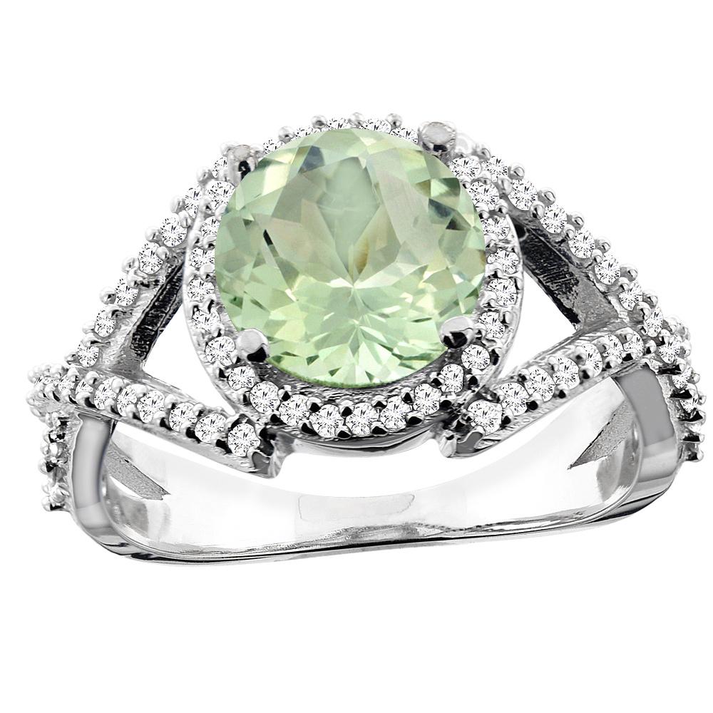 10K White/Yellow/Rose Gold Genuine Green Amethyst Ring Round 8mm Diamond Accent sizes 5 - 10