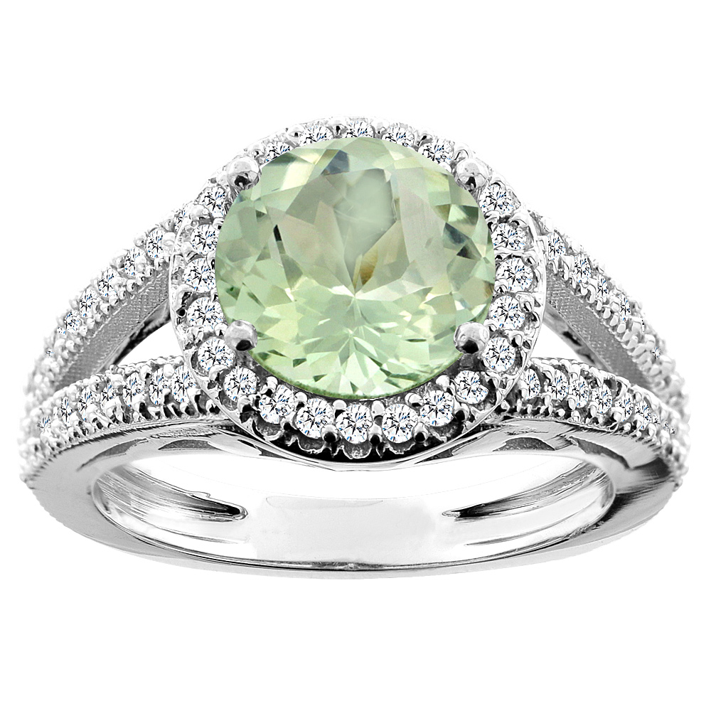 14K White/Yellow/Rose Gold Natural Green Amethyst Ring Round 8mm Diamond Accent, sizes 5 - 10