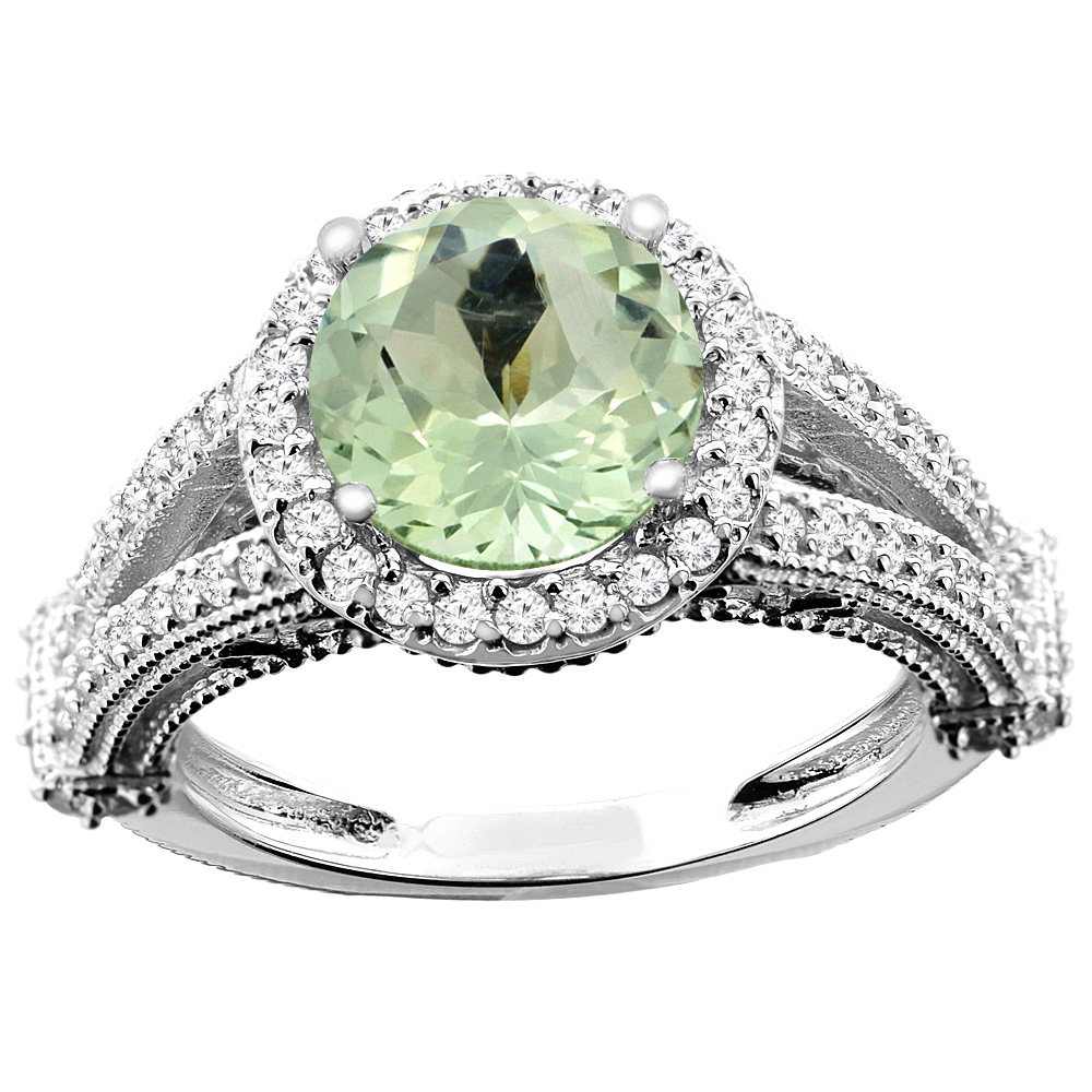 14K White/Yellow/Rose Gold Natural Green Amethyst Ring Round 8mm Diamond Accent, sizes 5 - 10