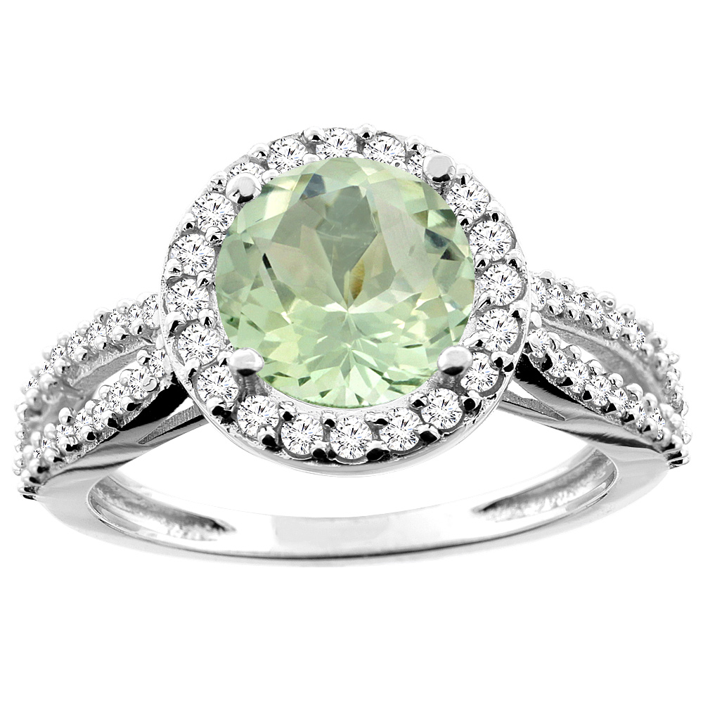 10K White/Yellow/Rose Gold Genuine Green Amethyst Ring Round 8mm Diamond Accent sizes 5 - 10