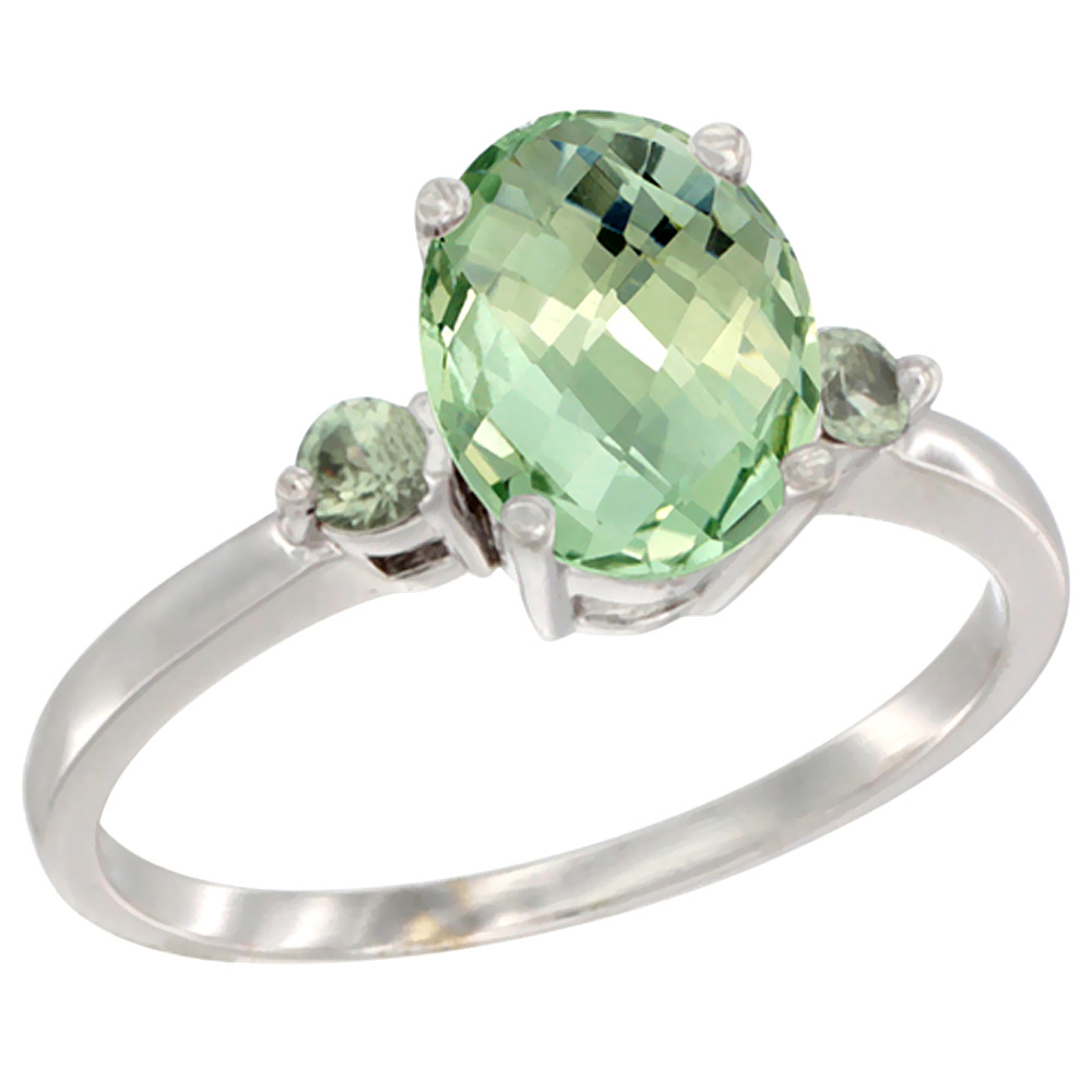 10K White Gold Natural Green Amethyst Ring Oval 9x7 mm Green Sapphire Accent, sizes 5 to 10