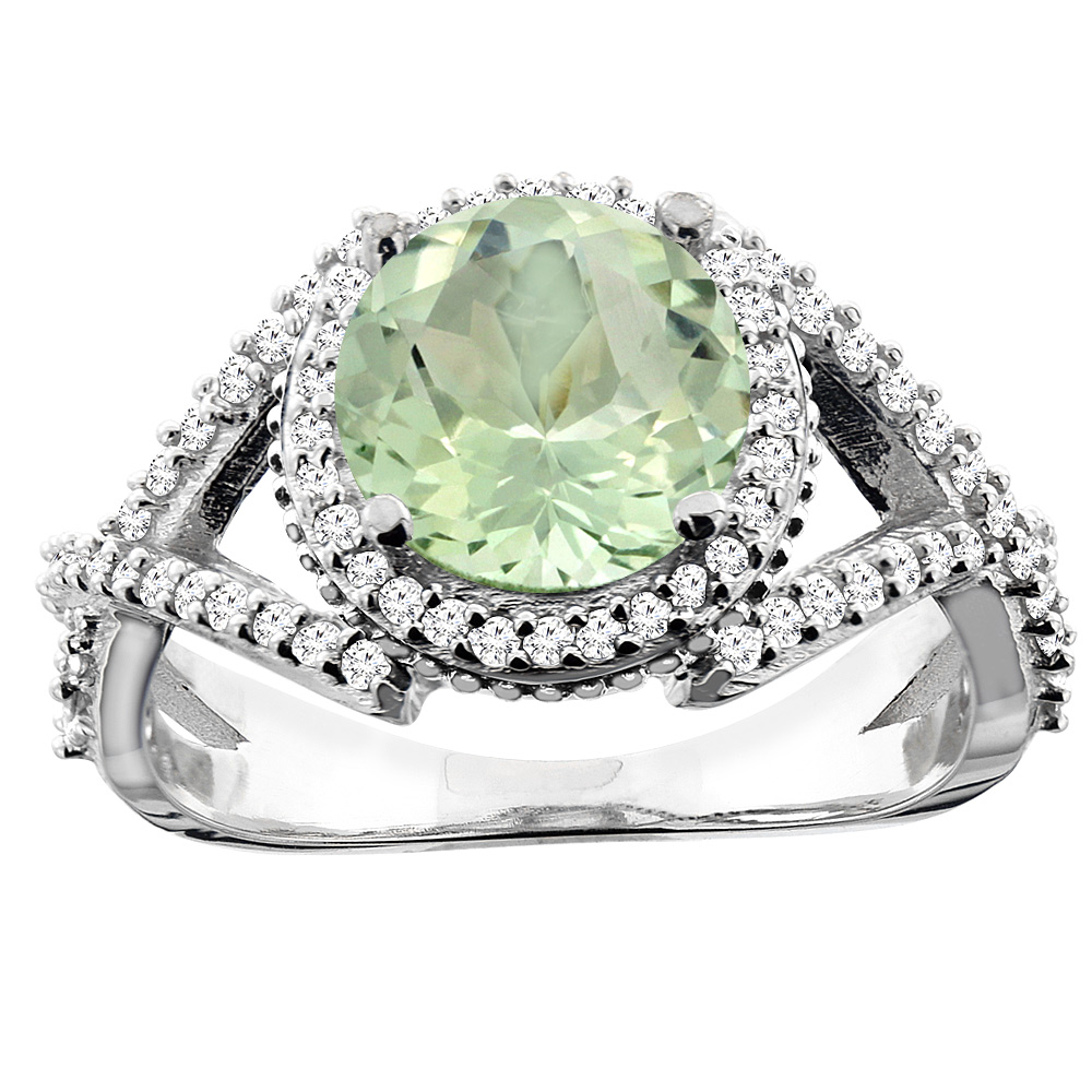 10K White/Yellow/Rose Gold Genuine Green Amethyst Ring Round 8mm Diamond Accent sizes 5 - 10