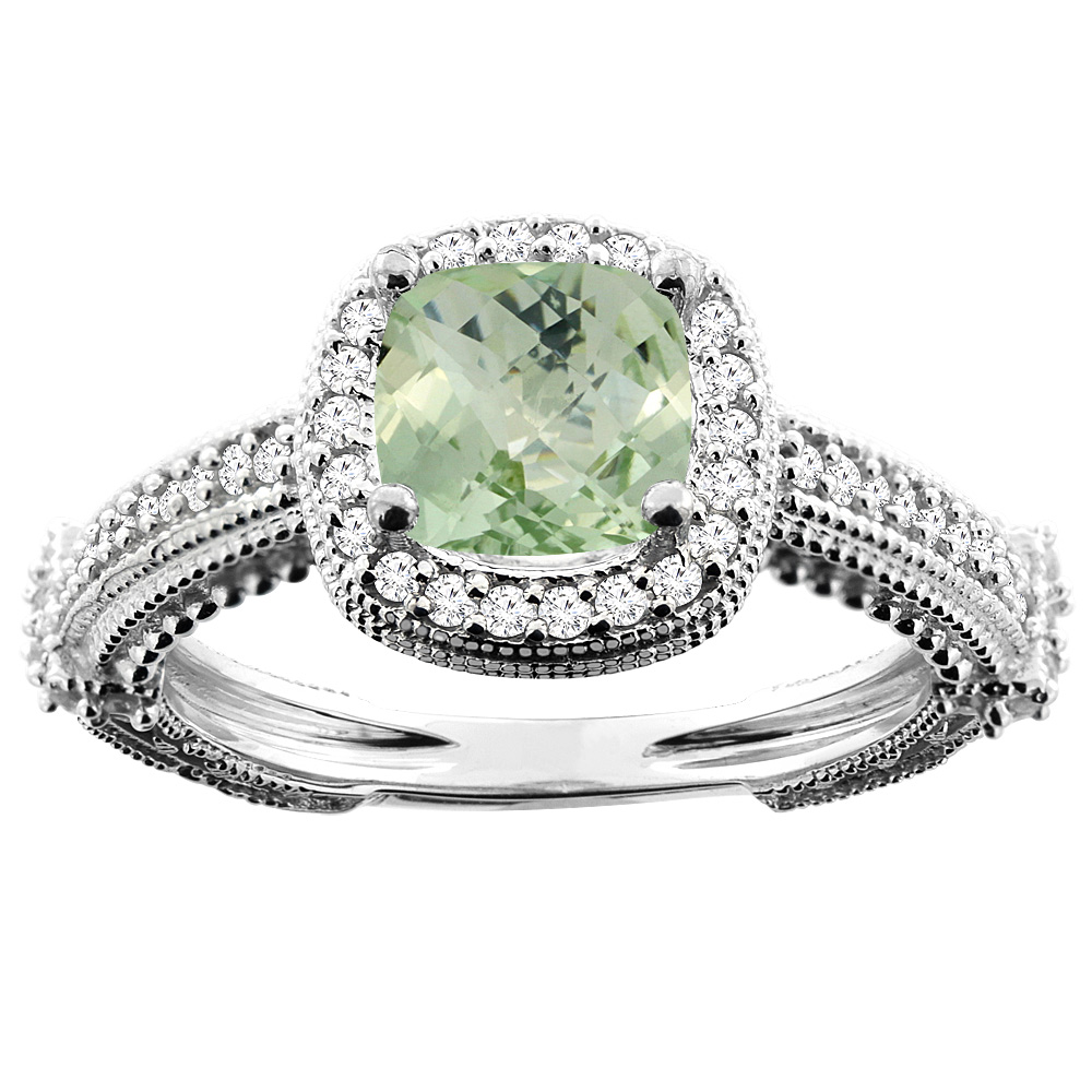 14K White/Yellow/Rose Gold Natural Green Amethyst Ring Cushion 7x7mm Diamond Accent, sizes 5 - 10