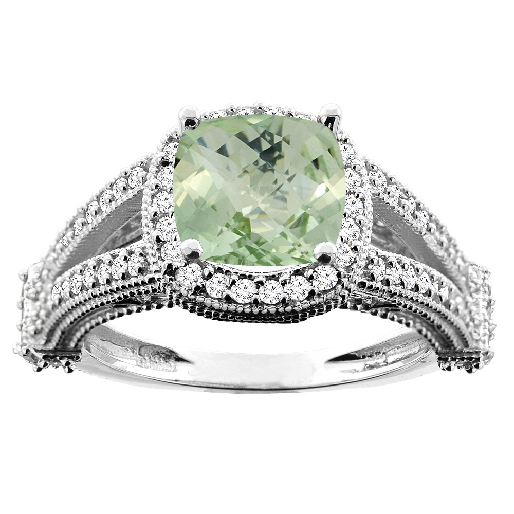 14K White/Yellow/Rose Gold Natural Green Amethyst Split Shank Ring Cushion 7x7mm Diamond Accent, sizes 5 - 10