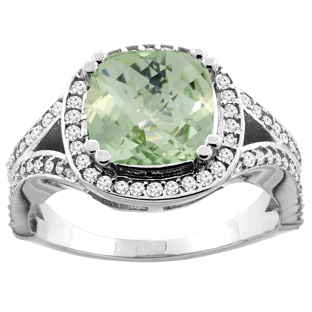 10K White/Yellow Gold Natural Green Amethyst Split Ring Cushion 8x8mm Diamond Accent, sizes 5 - 10