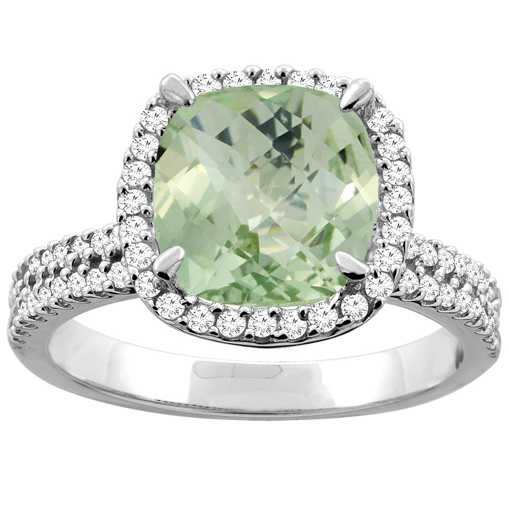 10K White/Yellow Gold Diamond Halo Genuine Green Amethyst Ring Cushion 9x9mm Accent sizes 5 - 10